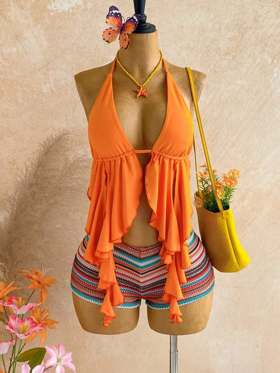 Burnt Orange Blue Striped Plus Women's Asymmetric Hem Camisole Top Crochet Knit Beach Vacation Shorts,Boho Tropical Summer Holiday High Waist Woven