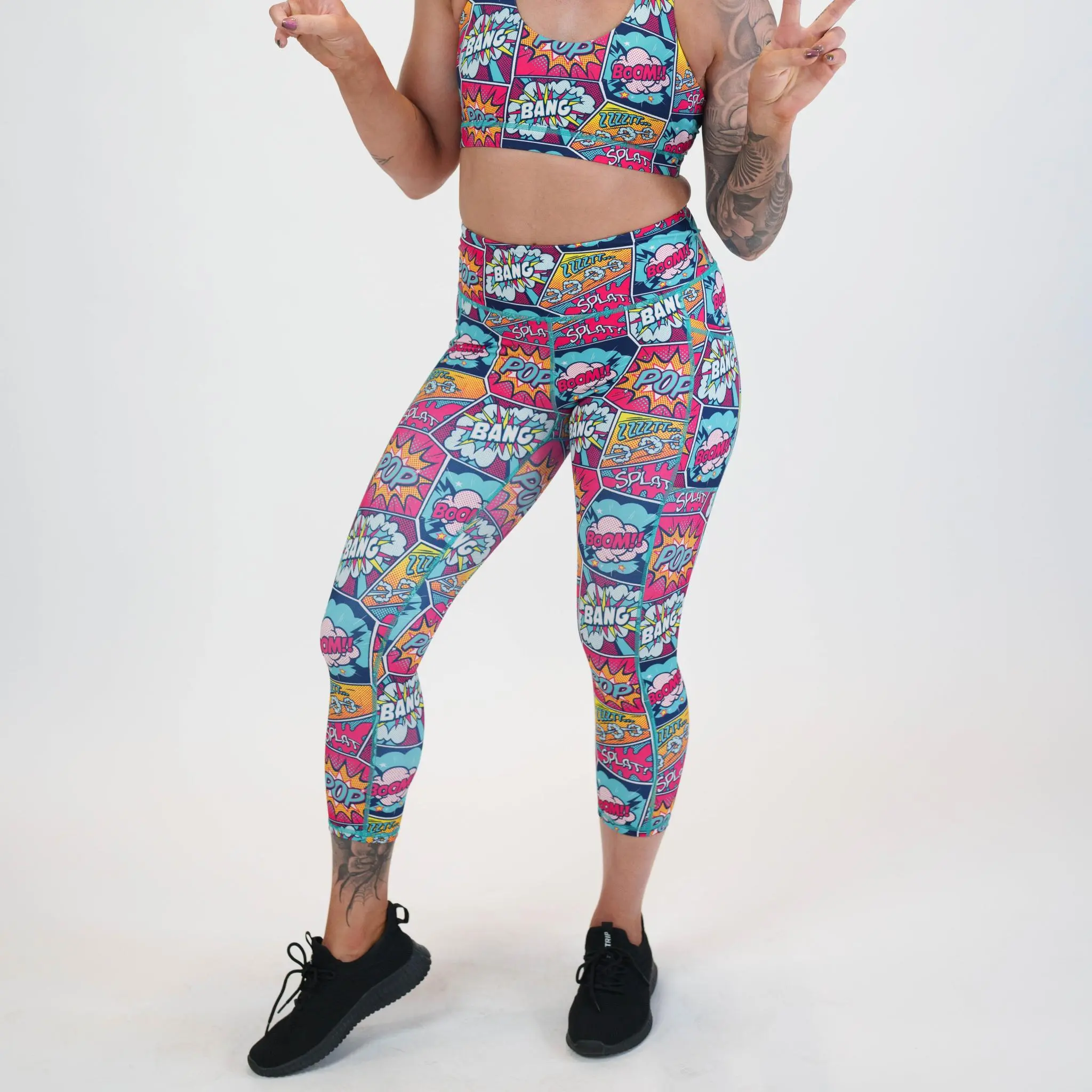 CVG Knockout Women's Activewear Leggings - Fitted Comic Print Synthetics, High Waist Built-In Waistband, Squat-Proof, Pockets, Athletic Fitted for Fitness & Workout (Full Length/Capri Options), Athletic Fitted Leggings, Built-In Waistband Leggings