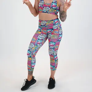 CVG Knockout Leggings - Womenswear Comic Style Compression, Pockets Traditional Design High Waistband Squat Proof Full Length Capri Cropped Length Bottoms for Fitness & Workout Print