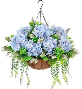 Artificial Hydrangea Flowers with Basket for Decoration, Fake Silk Hydrangea Flower Indoor Arrangements, Fake Plants for Balcony Yard(Blue)