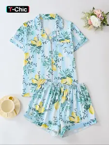 Women's Lemon Print Short Sleeve Pajama Set, Fruit Print Pajama, Button Front Chest Pocket Design Lapel Neck Shortsleeve Top & Elastic Waist Shorts Set, Ladies Summer Sleepwear