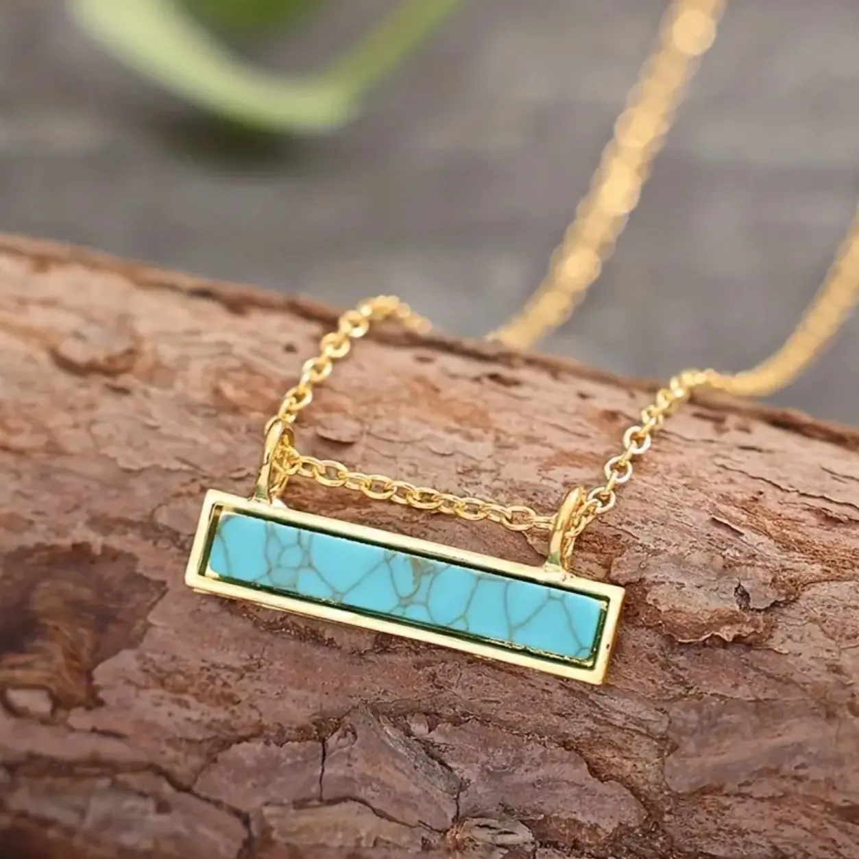 Vintage Turquoise Bar Necklace Short Geometric Rectangular Golden Pendant