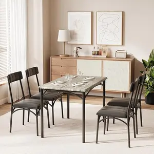 Kitchen Table Set with Chairs, Dining Table Set for 4, Metal and Wood Rectangular Dining Room Table Set with 4 Upholstered Chairs, 5 Piece Dining Set for Small Space, Apartment