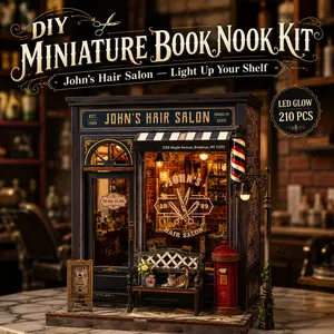 CUTEBEE John's Hair Salon DIY Book Nook Miniature Set, 3D Wooden Puzzle Dollhouse Kit with LED Light & Dust Cover, Bookshelf Insert House Decoration, Unique Gift Idea for Adults