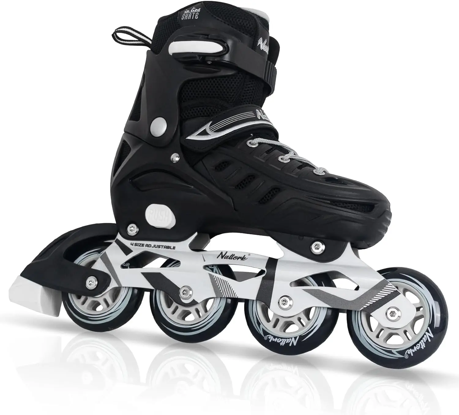 Nattork Model 786 Adjustable Rollerblades for Kids & Adults, Black Inline Skating Gear with Mesh Design, PU Buckle Closure, ABEC-7 Bearings, Ankle Protection, and Durable Skate Wheels, Multifunctional Roller Skates, Pur, Triple Lock, Glowing Wheels, Indoo