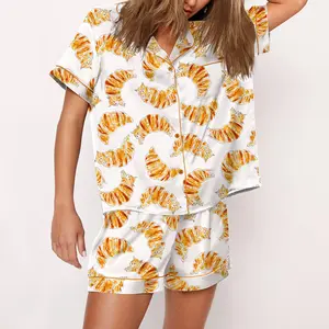 Croissant Cats Pajama Set For Women Print Comfy Satin Sleepwear & Loungewear Pjs Printing Silky Top & Bottoms - SHESHOW