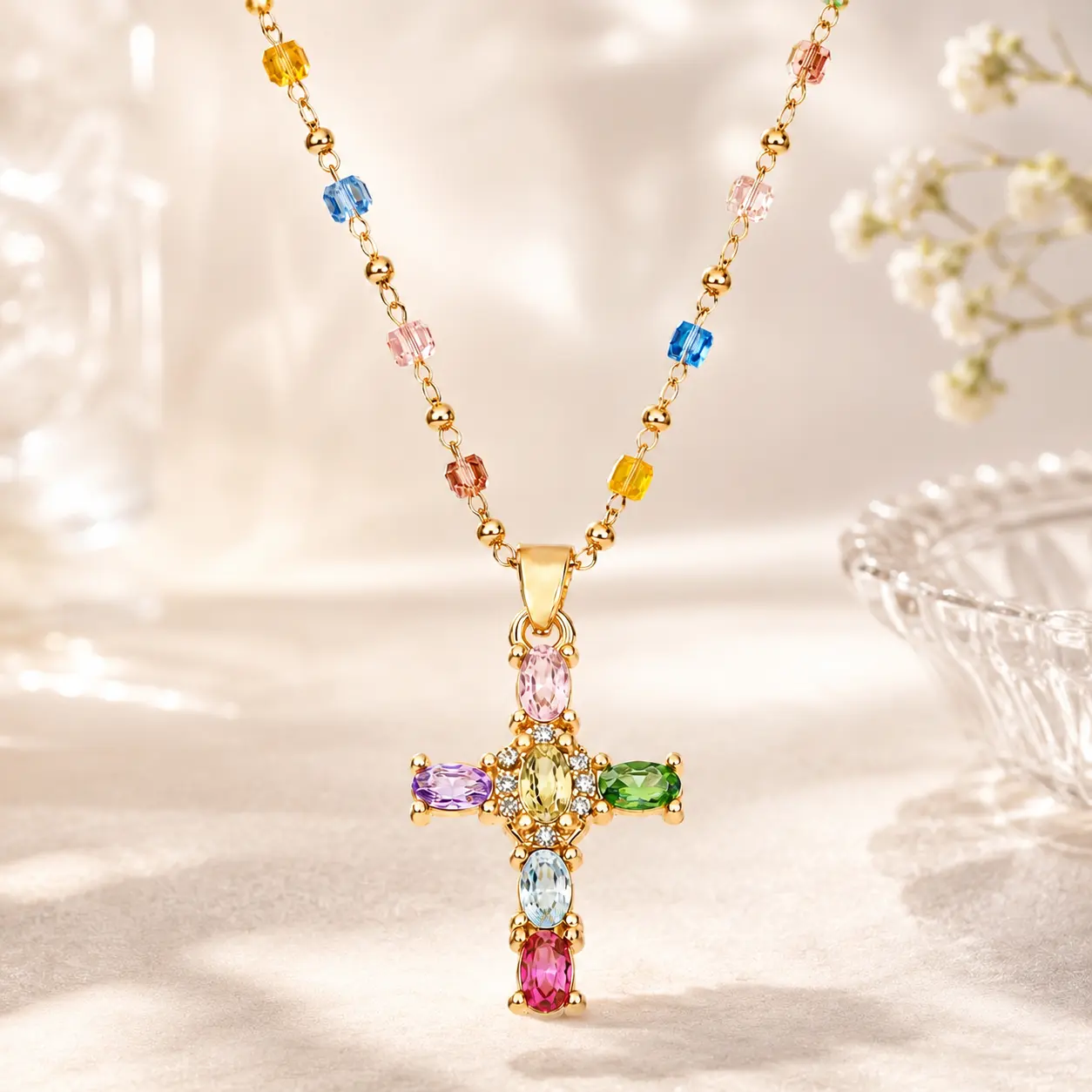 Multilayer Gold Cross Necklace with Colorful Crystal Pendant, Christian Layering Accessory for Her Birthday Anniversary, Multilayer Cross Necklace,Thoughtful Gifts for Best Friends/Bestie/Couple,Y2K Aesthetic Accessories for Women