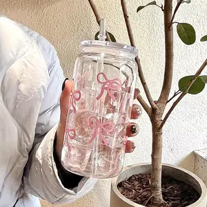 16oz Bow Plastic Cup with Lid and Straw, Vintage Portable Travel Mug, Reusable Water Bottle for Coffee Juice Soda, Perfect Gift, Drinkware