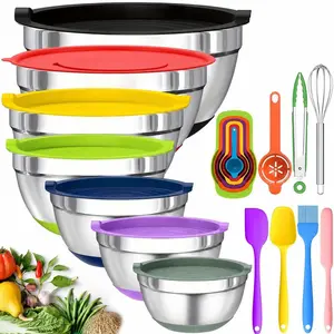 EBE Kitchen Stainless Steel Mixing Bowl Set (5-7 Pieces), Salad Bowls, Party Set, Includes 13 Practical Accessories, Dishwasher Safe, Food-Grade Bowls, Suitable for Baking, Storage, and Kitchen Organization