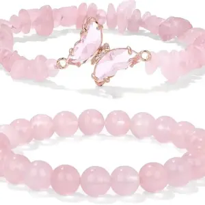 2pcs Love & Money Attraction dainty Bracelet Natural Rose Quartz Bracelets with Beaded Round Stones & Butterfly Charm, Believed to Attract Romance, Protect Love & Bring Positive Energy, Aesthetic Crystal Jewelry Gift for Women handmade