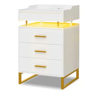 SIKAIC Modern LED Nightstand with 3 Drawers - White Indoor Bedside Cabinet with Built-in LEDs, Ideal for Living Room Cupboards & Cabinets Setup