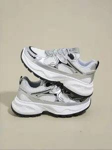 Women's Dad Shoes Arisan Running Sneakers, Mesh Leather Patchwork Colorblock Silver Round Toe Lace-Up Anti-Slip Outdoor Sports Casual Shoes, Sporty Running Shoes