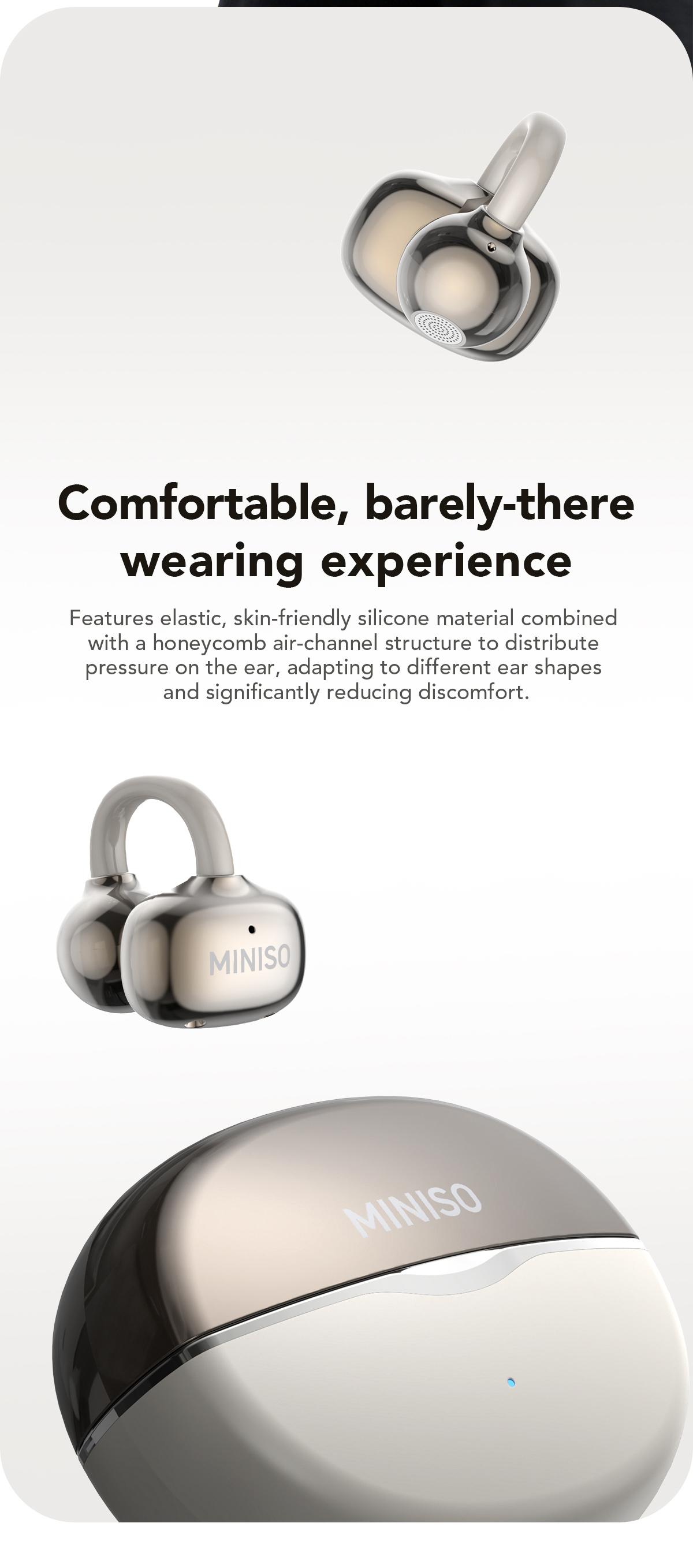 MINISO Clip On Earbuds Wireless Headphones with Bluetooth 6.0 Earphones, Stable Connection & Low Power Use, DT6.0 Pulse Directional Tech, 360° ACS Panoramic Sound, IPX5 Waterproof Audio Earbuds for Music & Calls, Comfortable for Sports