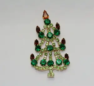Vintage Crystal Gold-Tone Christmas Tree Brooch Pin, Rhinestone Christmas Jewelry