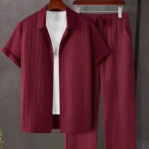 KZZ Men's Maroon Button-Front Shirt & Drawstring Pocket Trousers Set - Casual Short Sleeve Fitted Shirt & Elastic Waist Trousers for Summer Wear - Formal Menswear, FallFreshness Shortsleeve christmas gifts for him