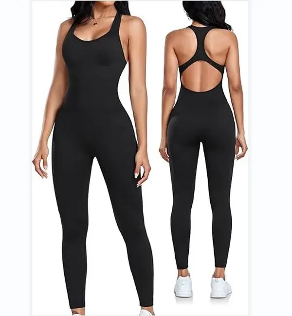 Women's Ribbed Fitted Open Back Sportswear Jumpsuit - Sleeveless Yoga Romper, Racerback, Tummy Control, Padded Bra, High Elasticity Athletic Activewear (Gym Use), Open Back Jumpsuit