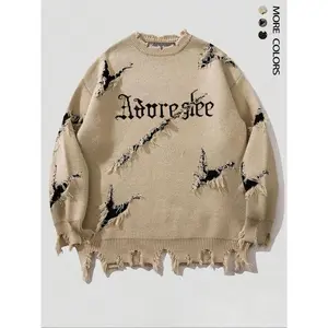 Men's Letter Embroidery Ripped Sweater, Loose Casual Soft Comfy Long Sleeve Crew Neck Jumper for Daily Outdoor Wear, Fashion Men's Knitwear for Fall & Winter