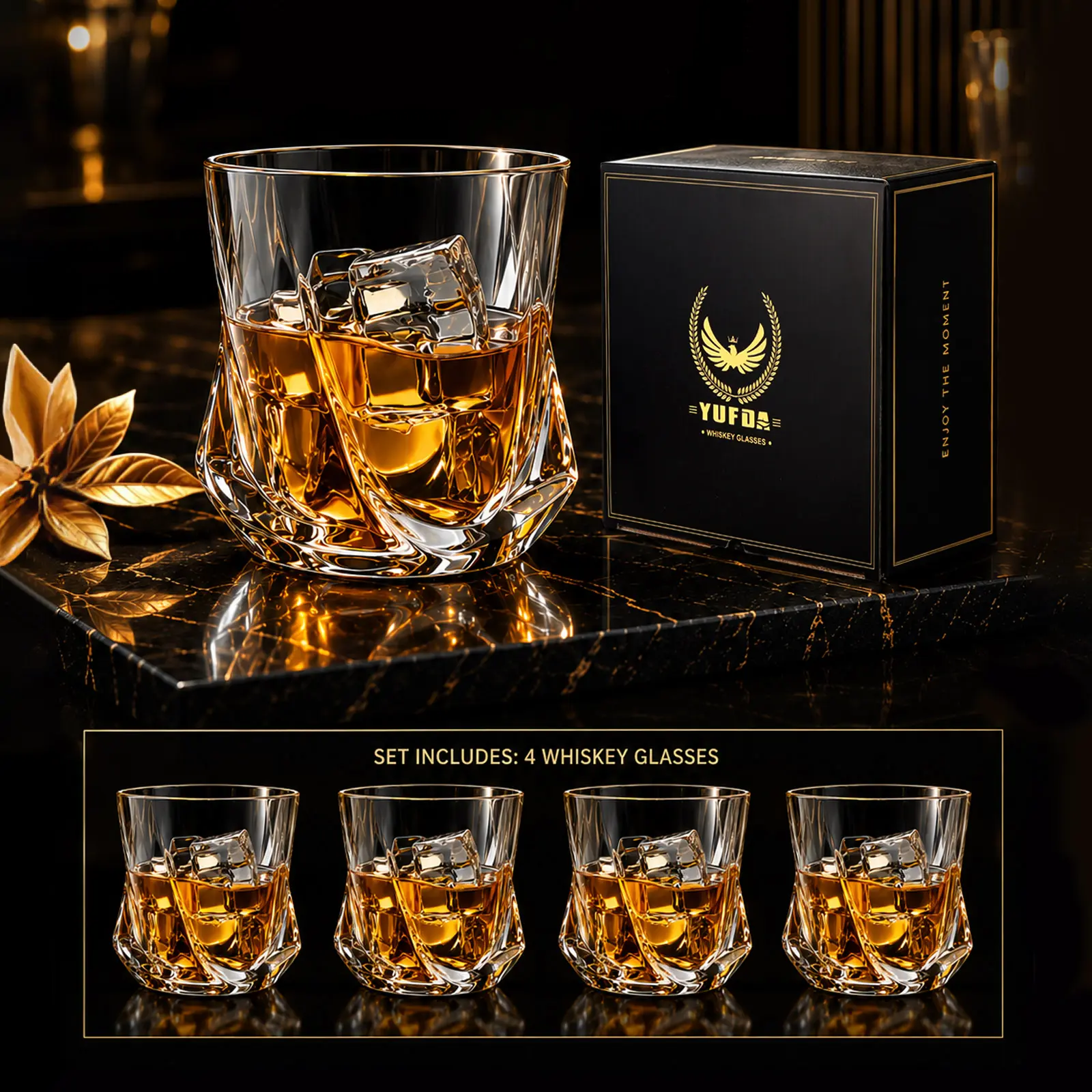 Whiskey Glasses, 10 oz Bourbon Glasses Set of 4 Square Bottom, Old Fashioned Rocks Glass for Drinking Cocktail Scotch Cognac, Luxury Whiskey gift for Men,Festival Gift