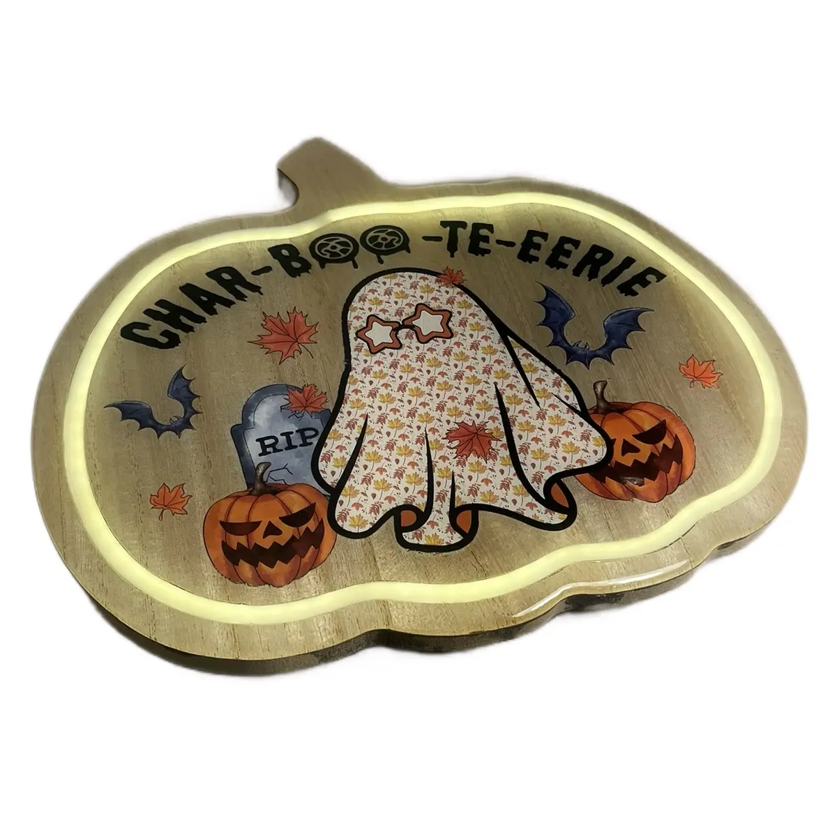 Ghost Halloween Cheese Board with Charcuterie battery Neon Lights - Custom personalized Designs Chopping Kitchen Knives.  Char-Boo-te-eerie board!  Cute girls night tray!