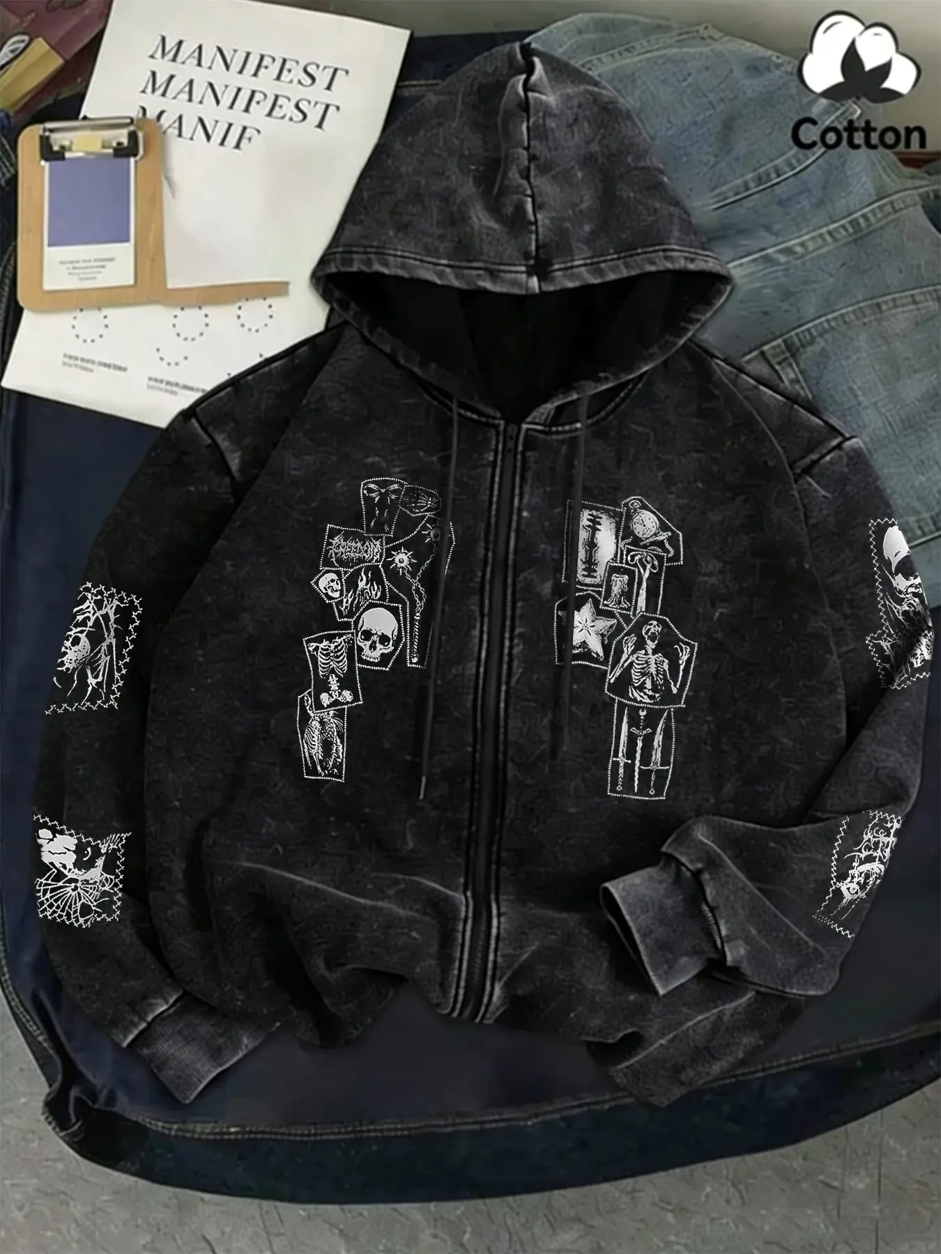 Men's Acid Wash Oversized Long Sleeve Hoodie & Joggers Set, Dark Opium Aesthetic Two-Piece Matching Tracksuit, Vintage Graphic Heavyweight Cotton Long Sweatshirt, Menswear, Streetwear, Casual, Outfit