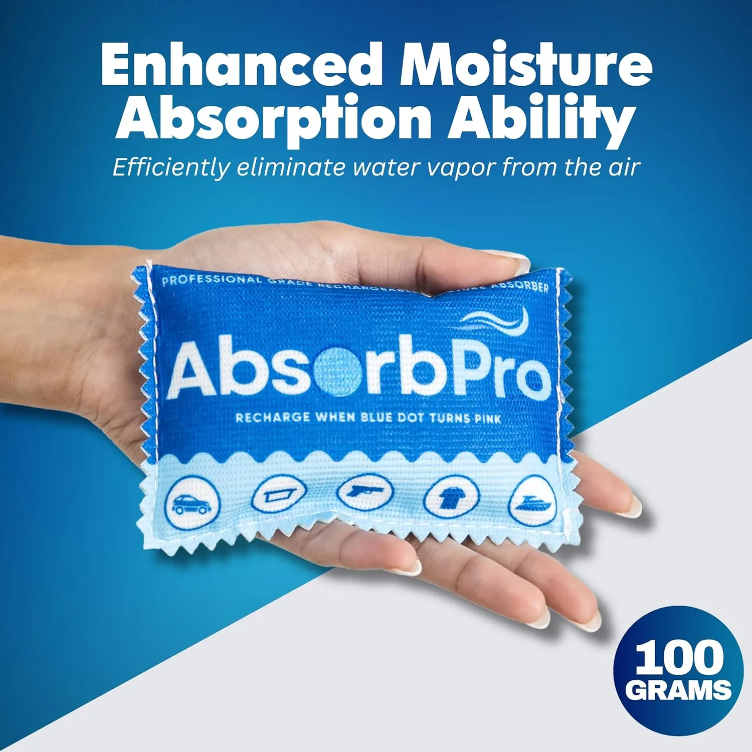 Absorb Pro Rechargeable Dehumidifier Bag 1-Pack - 100g Reusable Moisture Absorbers - Silica Gel Packets for Bins, Totes, Gun Safe, Food Storage, Clothes, Cars, and Boats