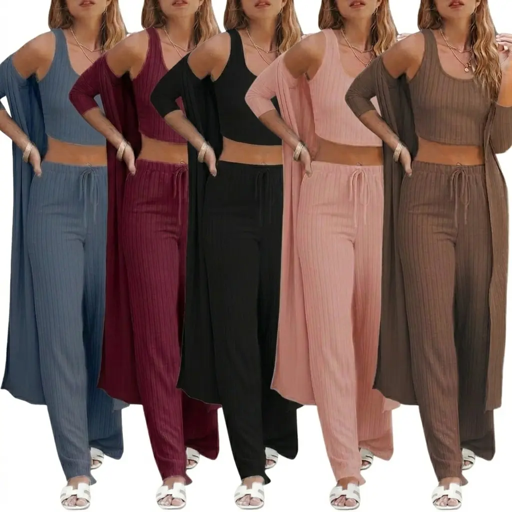2026 Three-Piece Set Women's Solid Lounge Robe & Cami Top & Elastic Waist Pants with drawing, Pyjama Set, Casual Comfy Three-piece Sleepwear Set for Women, Long Sleeve Open Front Outwear, Ladies Sleepwear for All Seasons Pajamas, Medium-Weight Fabric