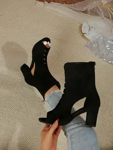 Women's Hollow Out Toe Boots, Spring Summer Side Zip Chunky Heel Sandals, Sexy Versatile Mid-Heel Shoes