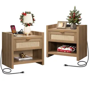 SICOTAS Night Stand Bed Side Table Set of 2- Rattan Nightstand with Type-C Charging Station, Drawer Storage End Table - 15.4" x 23.6" x 22.1" Size Boho Bedside Stand Night Stands for Bedroom Living Room Sofa Couch Office, Durable