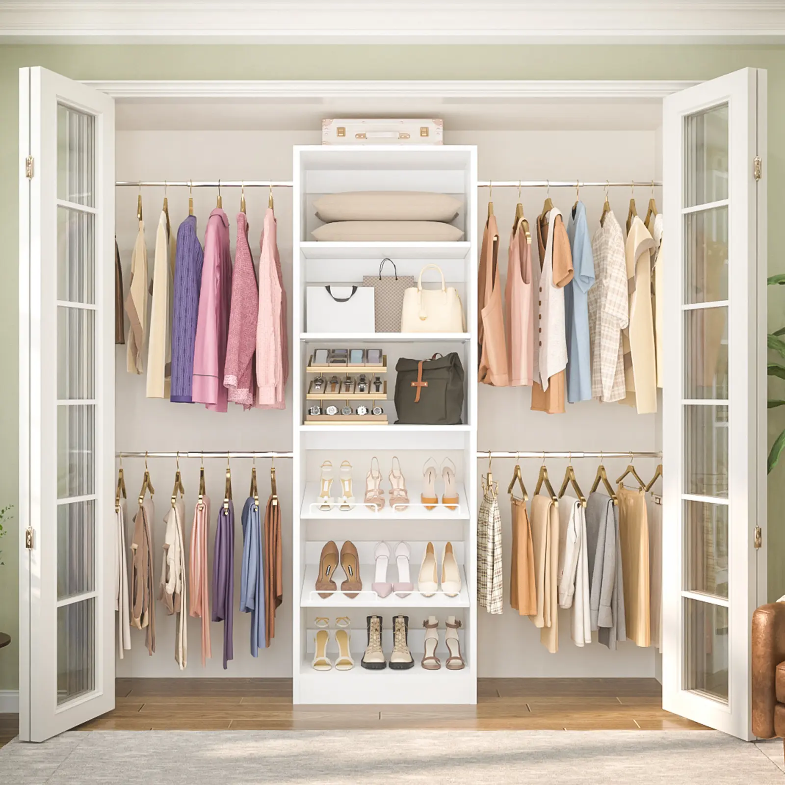 65''-99'' W Adjustable Closet Organizer with 4 Hanging Rods and Adjustable Shoe Rack and Storage Shelves, Sturdy Walk-in Closet System Wardrobe