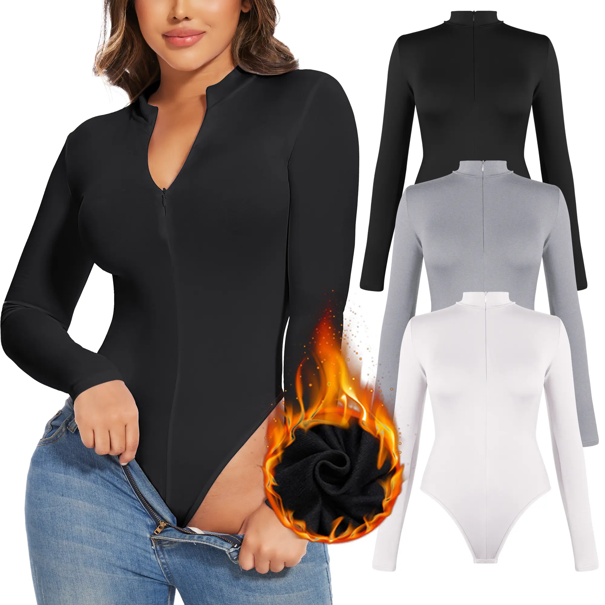 Women's Thermal Wear Bodysuit, Lightweight Zip Front Polyester Top with Long Sleeve and Stand Collar, Women's Clothes, Mock Neck, Elastane