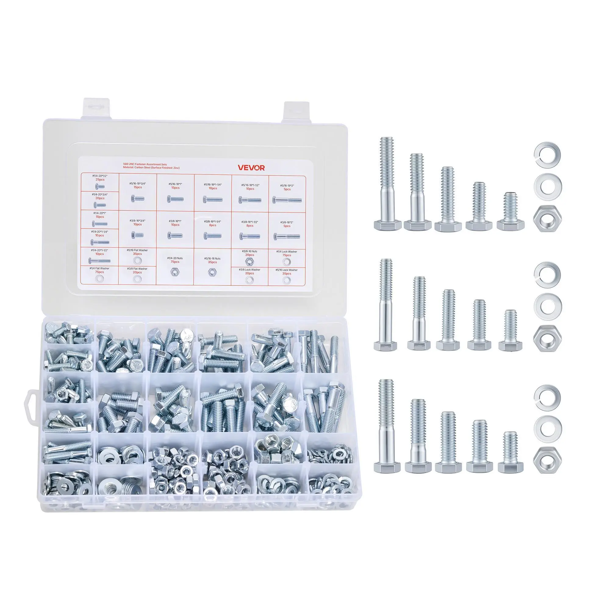 VEVOR 566 Pcs Bolts and Nuts Assortment Kit, Galvanized Alloy Steel Hex & Metal Nut & Bolt Sets with 3 Adjustable Storage Boxes, 48-Hour Salt Spray Test Passed Imperial Fasteners (1/4-20,5/16-18,3/8-16 in) w/Flat Washers for DIY Projects, Vehicle Repair