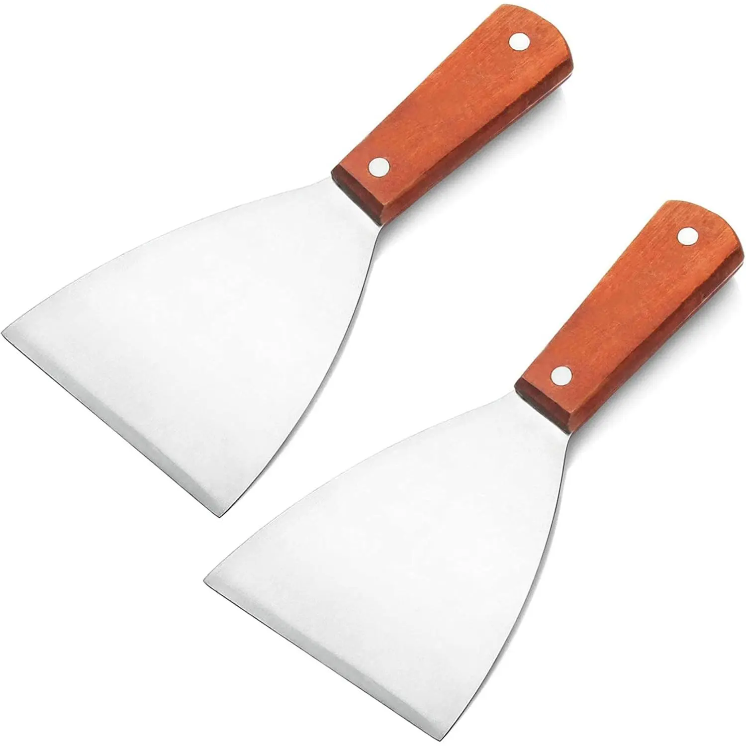 Heavy Duty Stainless Steel Slant Grill Griddle Spatula Scraper Set (2-Count) with Wooden Handles - Diner-Style Flat Straight Kitchen Tool, Essential Barbecue Accessories & BBQ Utensils