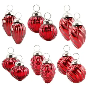 Small Glass Finial Ornaments (Set of 12, Dark Red); Antiqued Ornaments Retro Christmas Decorations w/Storage Bag; Small to Medium Tree