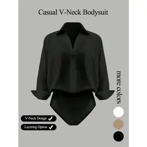 Women's casual loose V-neck long-sleeved shirt jumpsuit, elegant woven fabric, slim fit, suitable for all seasons, and can be layered flexibly.
