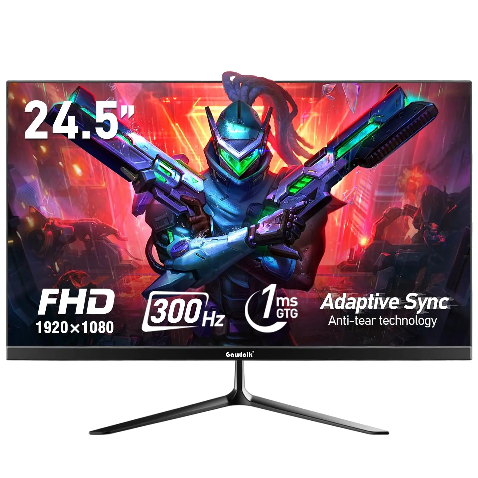 Gawfolk 24.5 Inch High‑Performance Gaming Monitor, FHD 1080P Screen, 300Hz, 1ms Frameless, Adaptive Sync, 98% sRGB, 178° Wide Viewing Angle, Built‑in Speakers, HDMI & DisplayPort, 75x75mm VESA Wall Mount Compatible