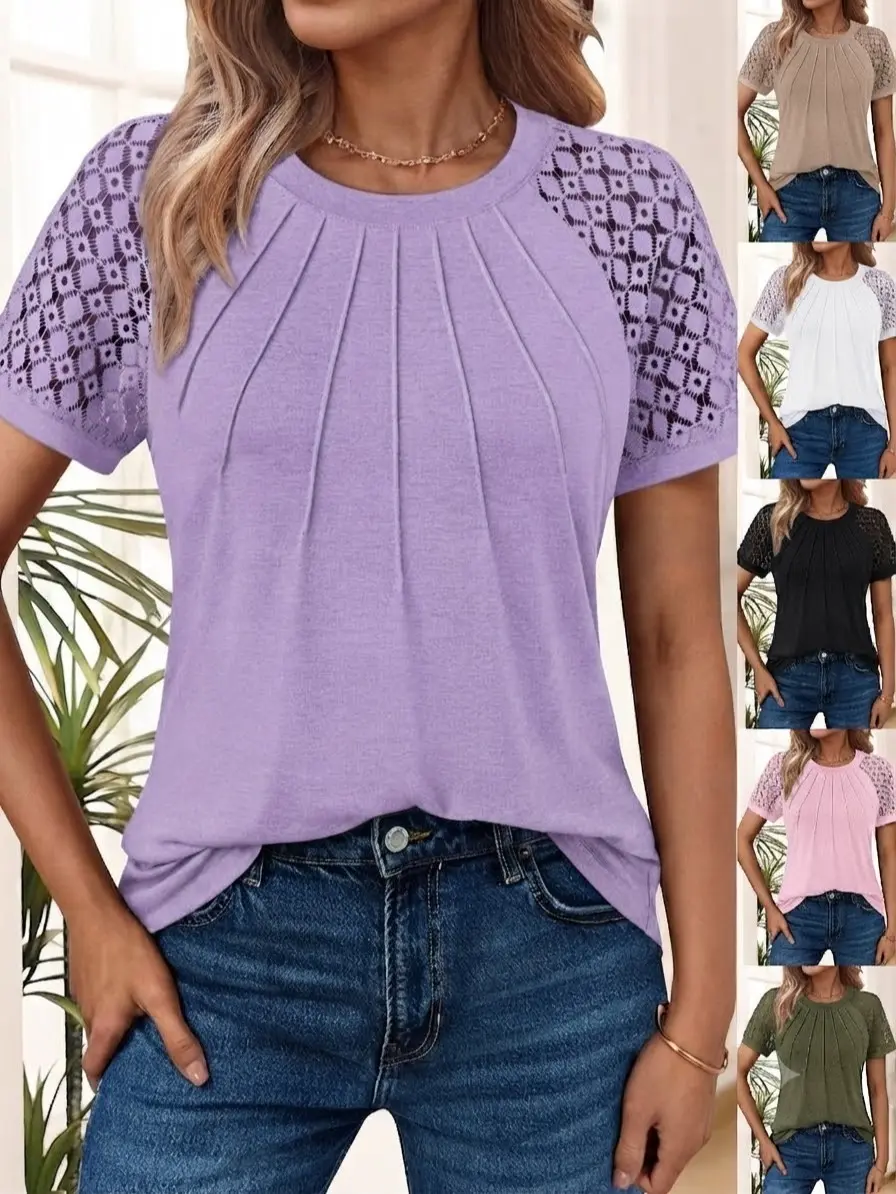 PHEFEE Women's Shortsleeve T-Shirt - Pleated Round Neck Patchwork Lace Patterned Sleeves Blouse, Comfortable Flowy Loose Fit, Elegant Casual Womenswear Top for Spring Summer Daily Work Outfits Streetwear Tshirt