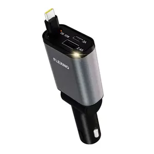 FlexTurtle Ultra-Slim Retractable 63W Fast Charging USB-C Car Charger, 2.6ft Cord Adapter, Cars Accessories, Chargers for iPhone 16/15 Series, Galaxy Devices Compatible, Grey