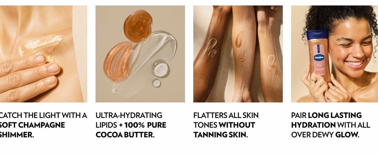 Vaseline Glazed and Glisten Sunlit Glow Body Gel Oil Vanilla Cocoa Shimmering with Ultra-Hydrating Lipids and 100% Pure Cocoa Butter, 6.8 Oz Vaseline Glazed and Glisten Sunlit Glow Body Gel Oil Vanilla Cocoa Shimmering with Ultra-Hydrating Lipids and 100% Pure Cocoa Butter, 6.8 Oz