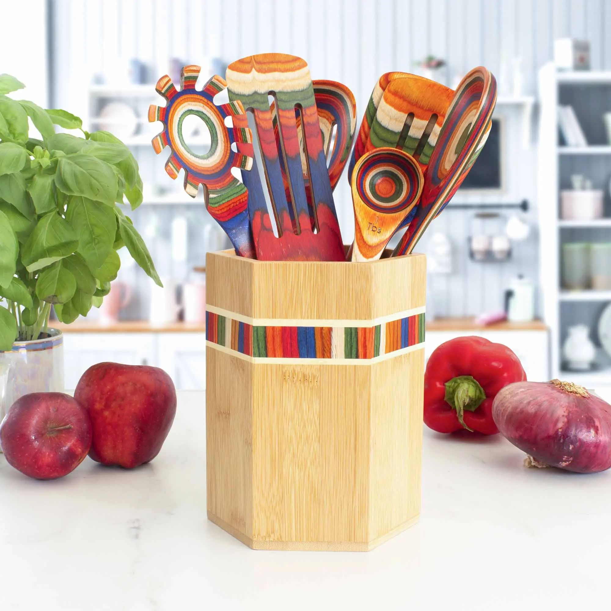 Baltique Marrakesh Collection Kitchen Utensil Holder - Durable Bamboo Storage Container with Colorful Inlay for Cooking Utensils