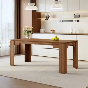 Modern Luxury Walnut MDF Spliced Panels Dining Table - 71x31.5in, 6-8 Seats, Marble Finish, Grooved Legs, Anti-Slip Pads, Versatile for Dining Rooms, Living Rooms