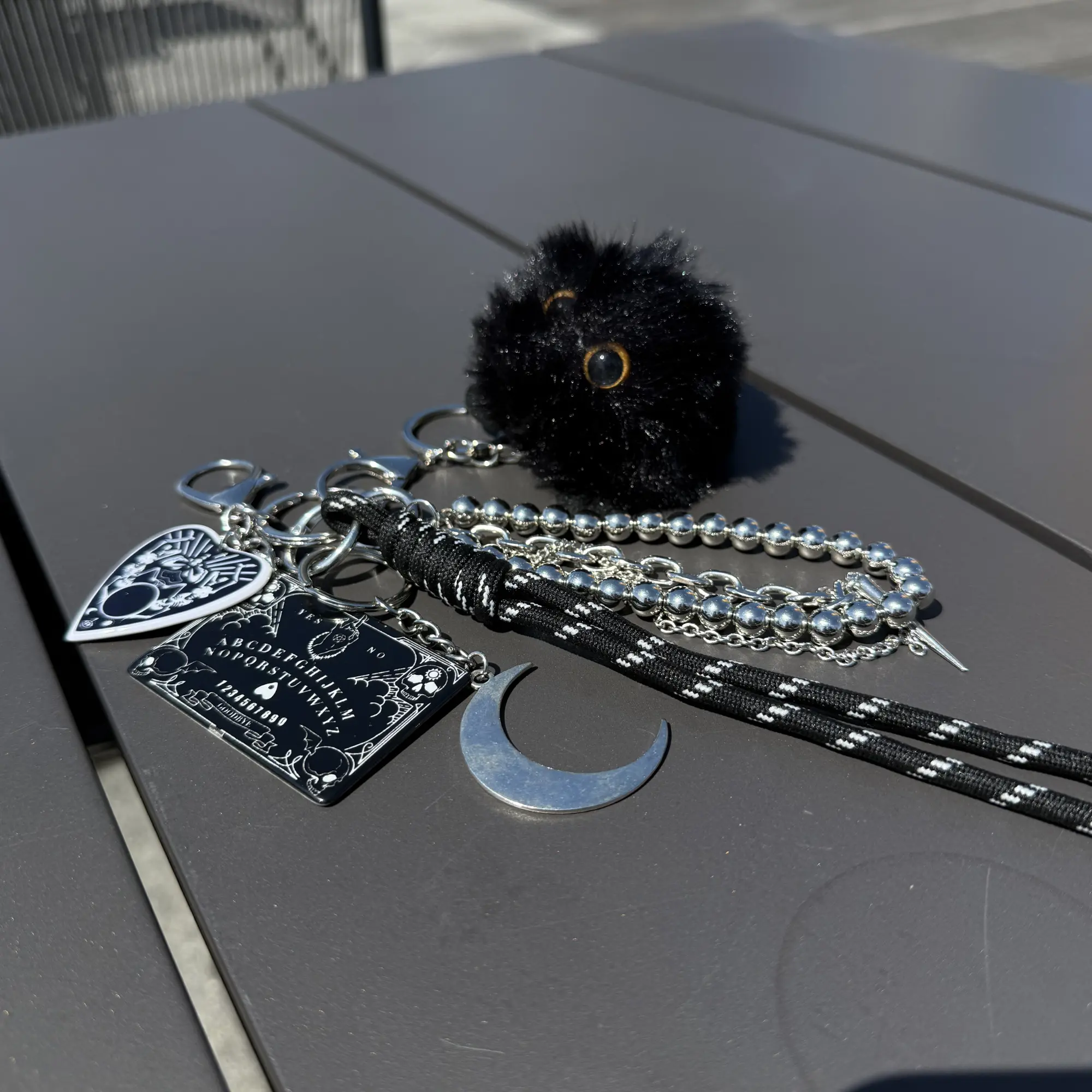 Gothic Spooky Charm Keychain with Black Cat Puff, Moon & Ouija Charms