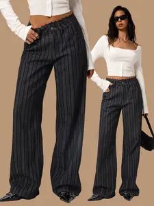 Forever 21 Women's Simple Button Front Ruffle Striped Casual Jeans, Daily & Leisure