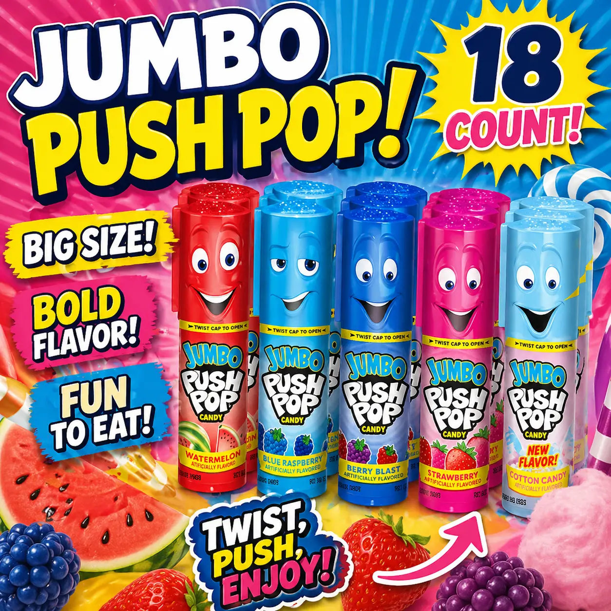 Push Pop Jumbo Assorted Lollipops 18 Count  Jumbo Push-Up Candy Pops | Assorted Fruit Flavors for Parties, Gifts & On-the-Go Fun