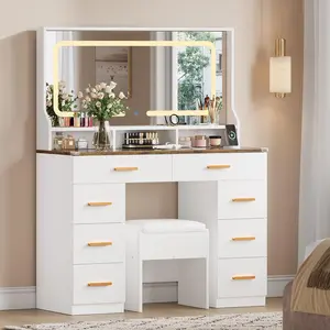 White & Rustic Makeup Vanity Desk with Large Lighted Mirror, Vanity Desk with Glass Tabletop, 8 Drawers & 3 Storage Shelves, Vanity Set with Built-in Power Outlet for Bedroom & Dressing Area