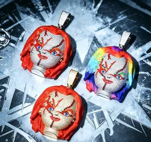 2171  Iced Out Chucky Doll Horror Character Hip Hop Pendant, Spooky Street Bling Statement Necklace for Rapper Party Wear Elevate