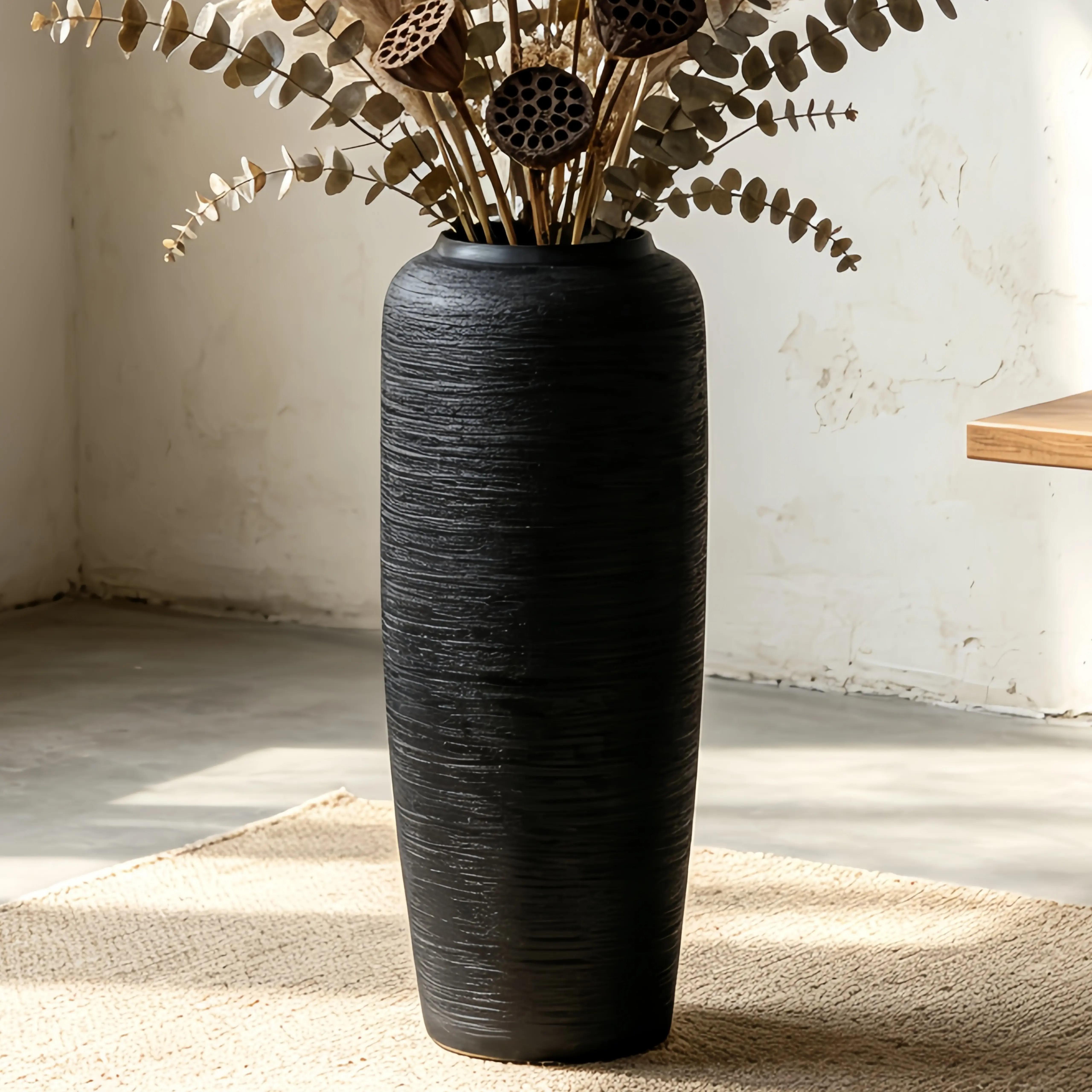 Tall Cylinder Rustic Black Plain Textured Matte Ceramic Floor Vase (19.7in/40-60cm) - Decorative Home Decor Piece for Vase Decoration, All Seasons Use, Housewarmings Gifts