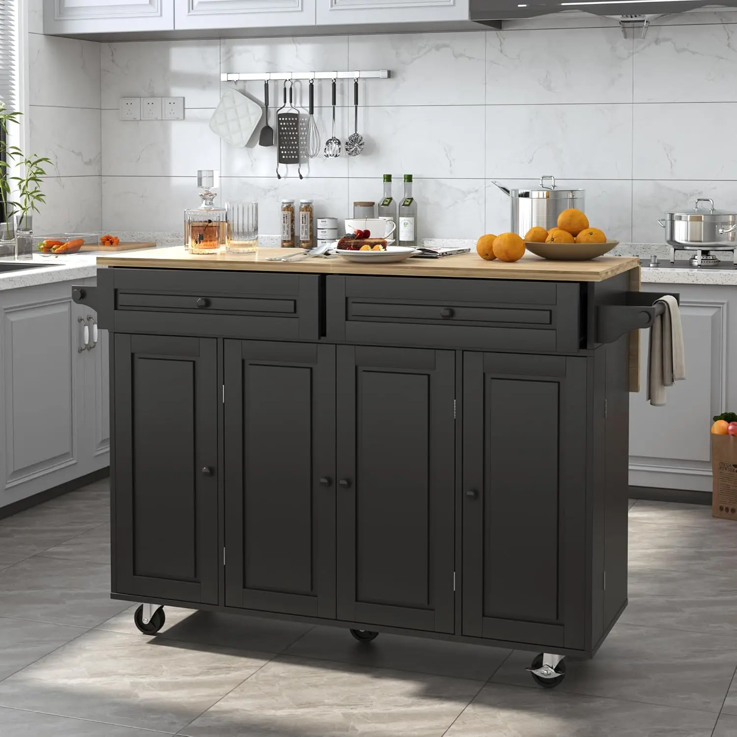 55" Kitchen Cart with Wood Top and Drop Leaf Breakfast Bar, Rolling Mobile Kitchen Island Table on Wheels with Drawer and Storage Cabinet, Spice Rack, Towel Rack, Black/white