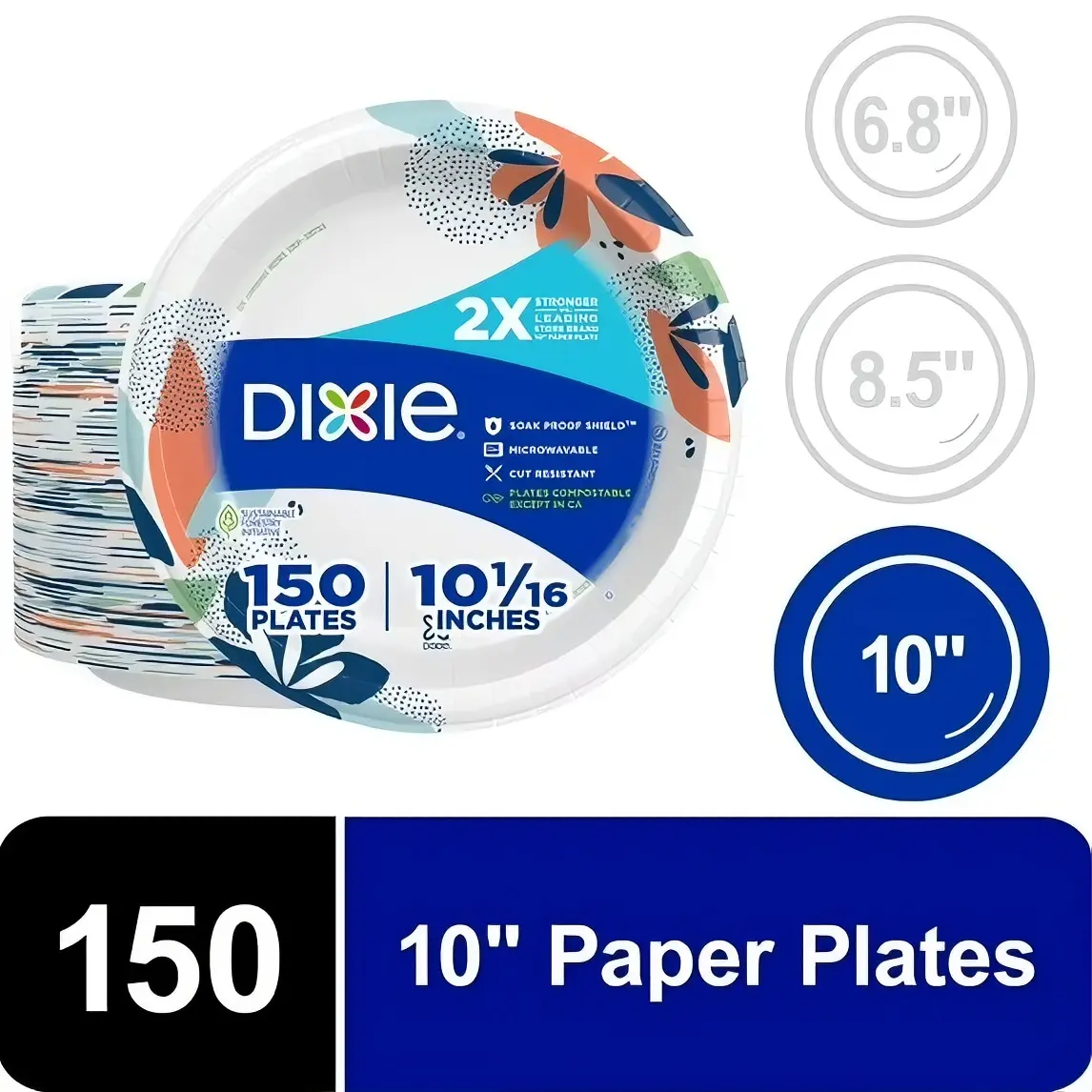 Dixie 150 Count 10" Paper Plates - 2X Stronger Soak Proof Shield Microwavable Cut Resistant Compostable 10 1/16 Inches