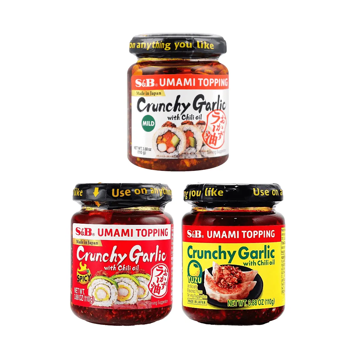 S&B Japanese UMAMI Crispy Garlic Chili Oil Set - 3 Flavors (Spicy, Mild, Yuzu) 330g - Perfect for Rice, Noodles & Toppings