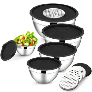 5pcs Stainless Steel Bowl Set, Kitchen Essential - Multifunctional Mixing Bowls with Grater, Lids, Oven Safe, Includes Sealed Covers for Baking, Serving, Fruits, Vegetables